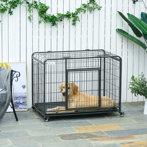 PawHut  Metal Dog Cage Kennel w/ Locking Door & Wheels  Pets - 109.5 x 71 x 78cm