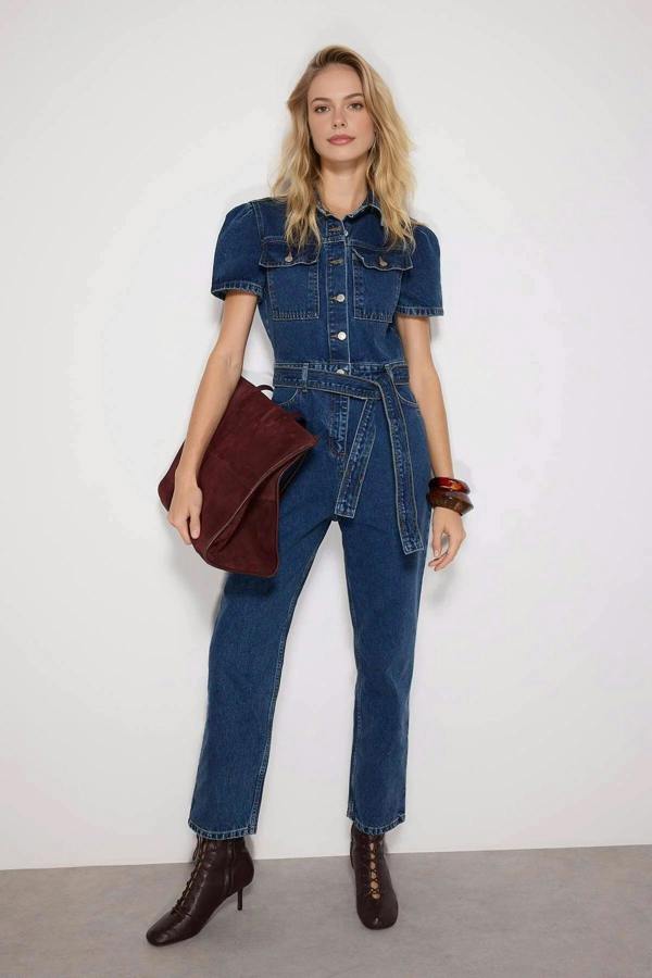 WOVCOR Belted Denim Jumpsuit