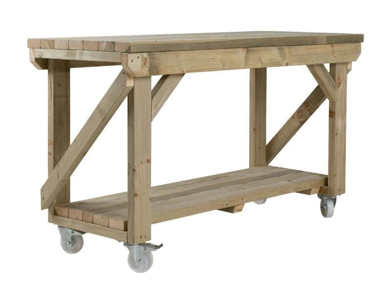 Indoor/Outdoor Pressure-Treated Single Shelf with wheels Workbench, a robust and versatile solution for all your workspace needs. Handcrafted in the UK, this workbench is constructed from high-quality, pressure-treated timber, ensuring durability and resistance to the elements, making it suitable for both indoor and outdoor use.