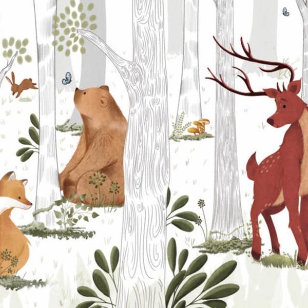 Grandeco Animal Kingdom Nursery Woodland Scene 3 panel repeatable Mural 1.59 x 2.8m, White