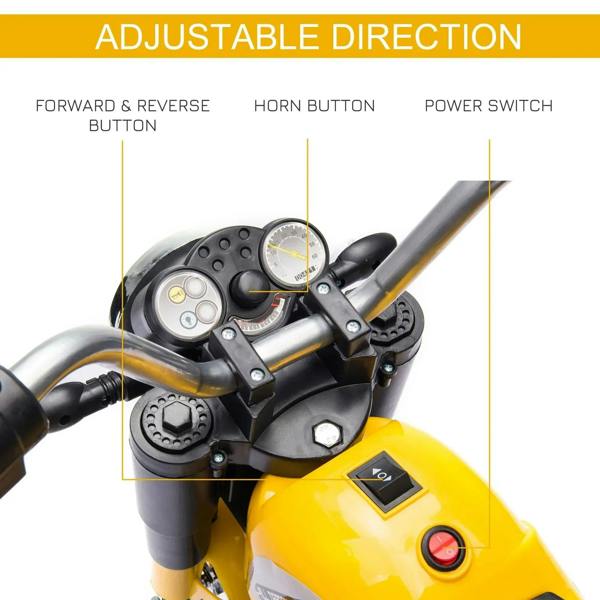 Dashboard and steering area of a yellow 3-wheel kids electric motorbike with control buttons