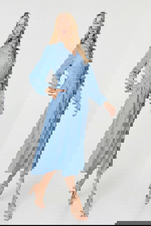 Blue | Long Sleeve Empire Tie Waist Midi Dress
