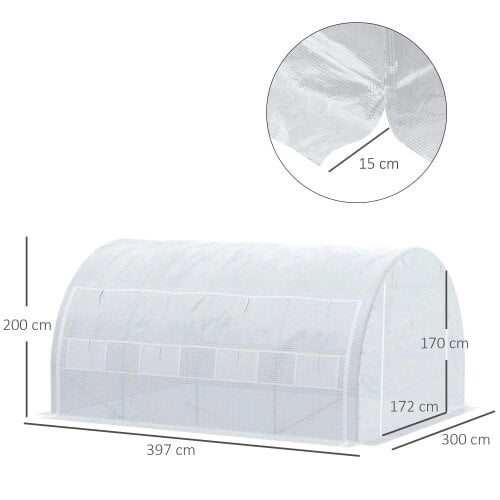 Bobobiy 4 x 3 x 2 m Polytunnel Greenhouse with Roll-up Side Walls, Walk-in Grow House Tent with Steel Frame, Zipped Door and 12 Mesh Windows, White