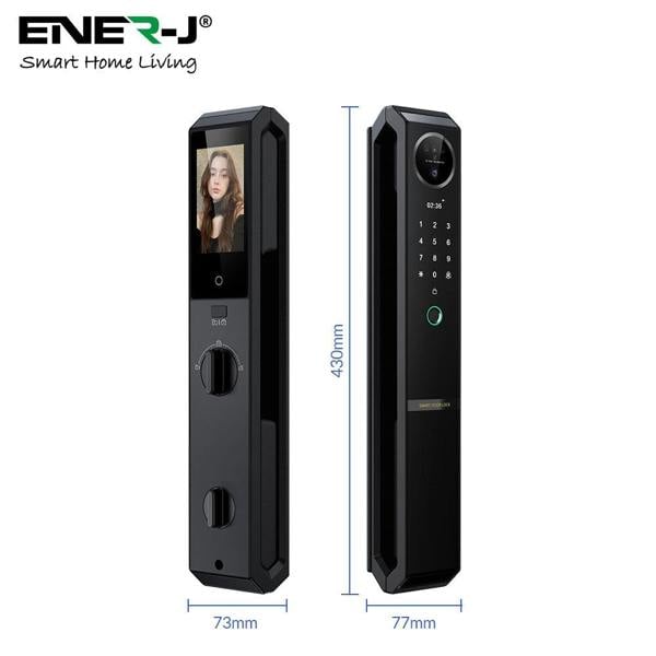 ENER-J Smart Doorlock With Peephole Camera, Works with fingerprint, Passcodes, APP control, RFID Cards & Mechanical Keys, Black housing, IP65