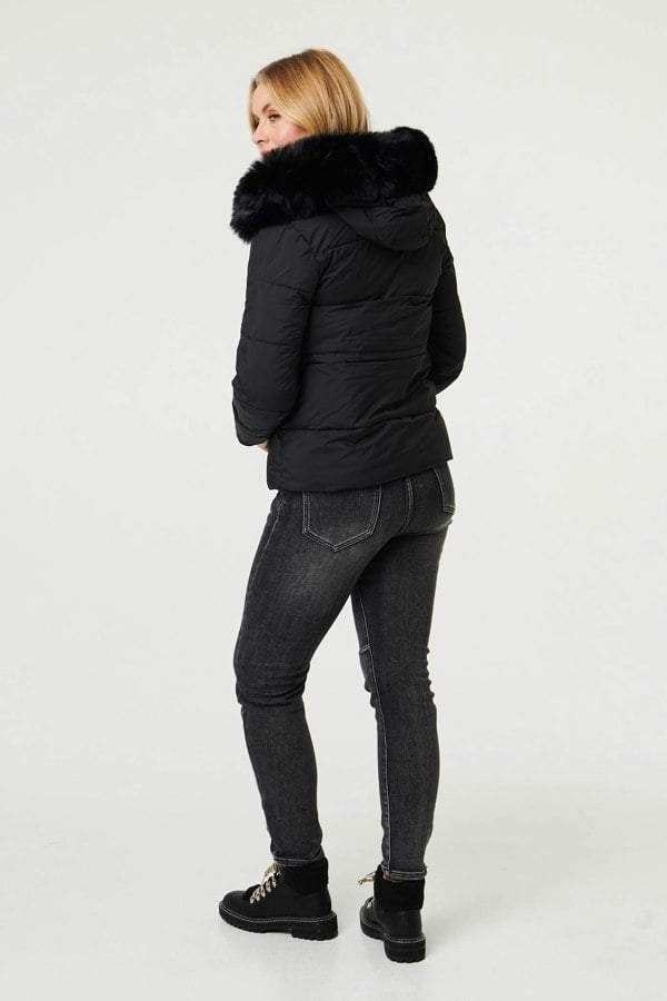 Black | Faux Fur Trim Hood Puffer Jacket
