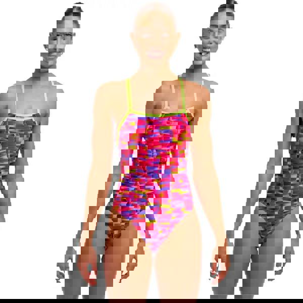 Funkita Wiggle Walls Tie pink swimsuit with multicolored geometric pattern