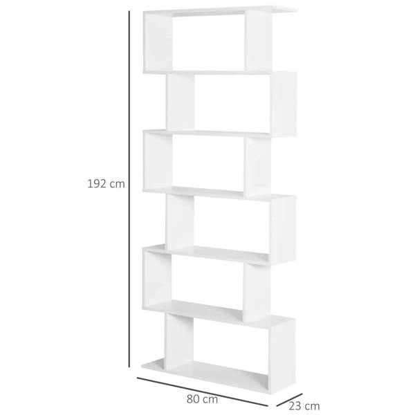 White S-shaped 6-tier bookshelf, 192 cm high, 80 cm wide, 23 cm deep