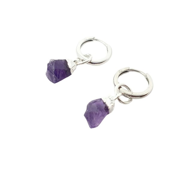 Raw Amethyst February Birthstone Sterling Silver Huggies