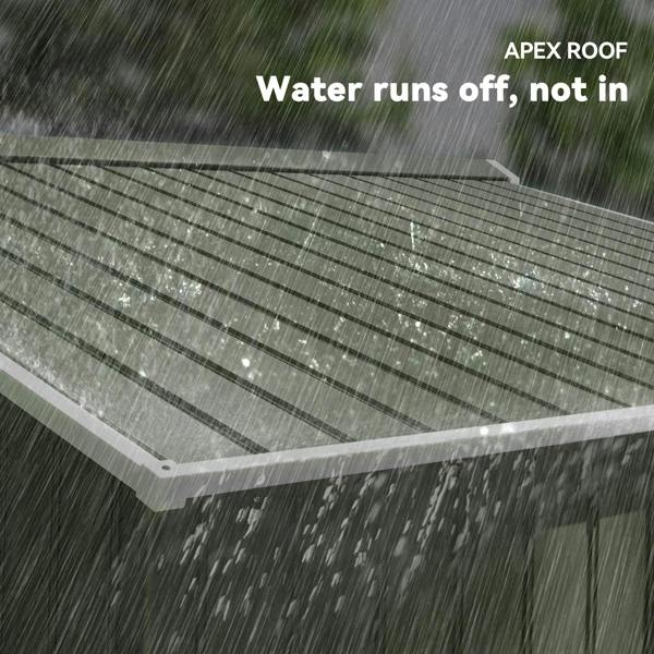 Apex metal roof panel on a light green garden shed with water running off