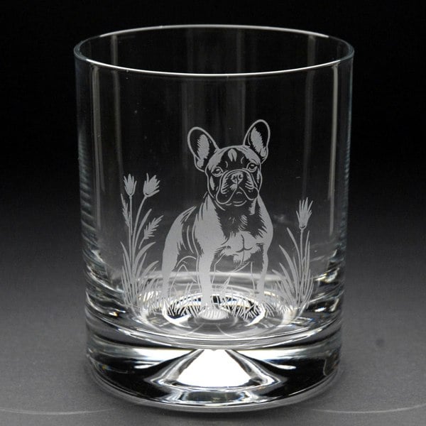 Glyptic Glass Art French Bulldog Dog Whiskey Tumbler Glass - Hand Etched/Engraved Gift