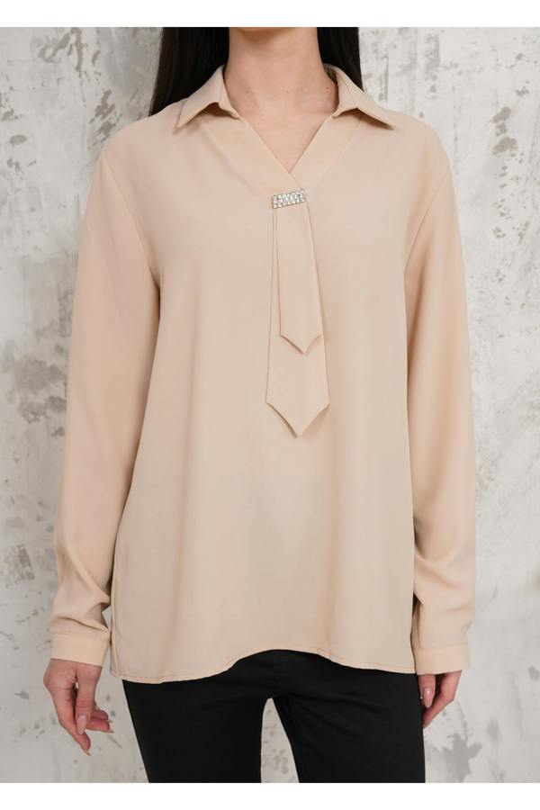 Hoxton Gal Relaxed Fit Long Sleeve Blouse with Tie Detail in Beige