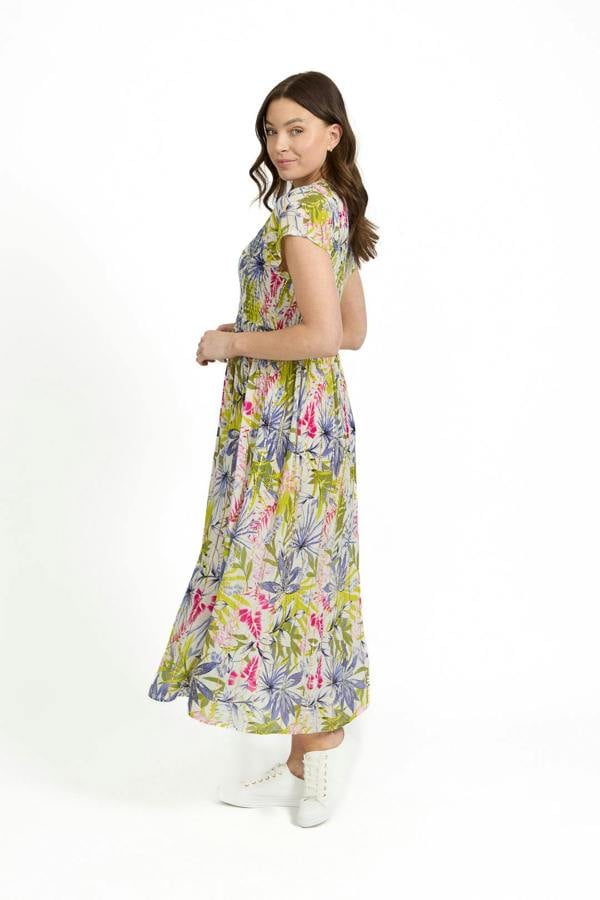 Mudflower Leaf Print Shirred Bodice Midi Dress