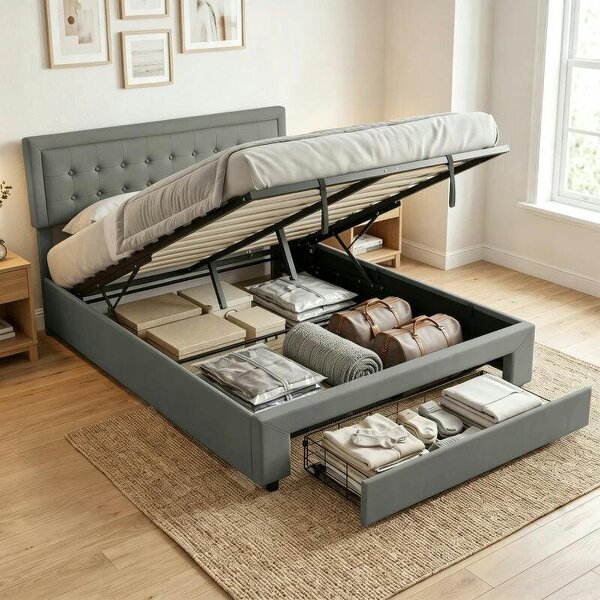 PU Leather King Size Ottoman Bed Frame, with Front Drawer - Grey - Grey