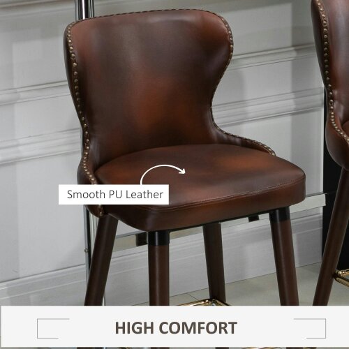 Wyld Haus Halotti Faux Leather Brown Bar Stools Set Of 2 With Back Support And Wooden Legs