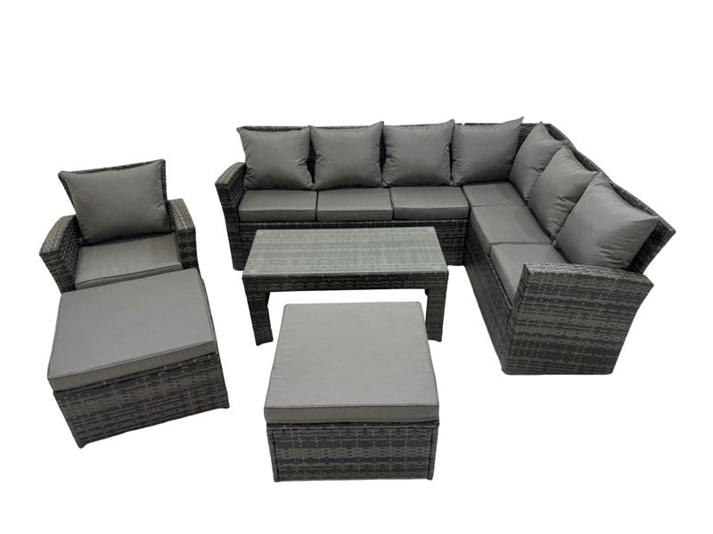 Fimous Rattan Garden Furniture Set 6 Pieces Outdoor Garden Sofa Oblong Coffee Table Set with Chair 2 Big Footstools Dark Grey Mixed