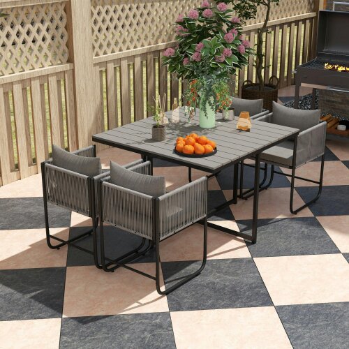 Wyld Haus Donino Rattan Grey 4 Seater Cube Garden Dining Set With Cushions And Rectangular Wood Effect Table