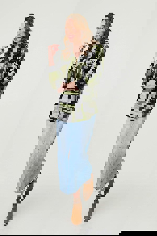 Green | Geo Print Zip V-Neck Curve Hem Top
