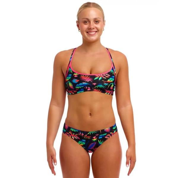 Funkita Lost Leaf Racerback sports top in vibrant tropical leaf print on black