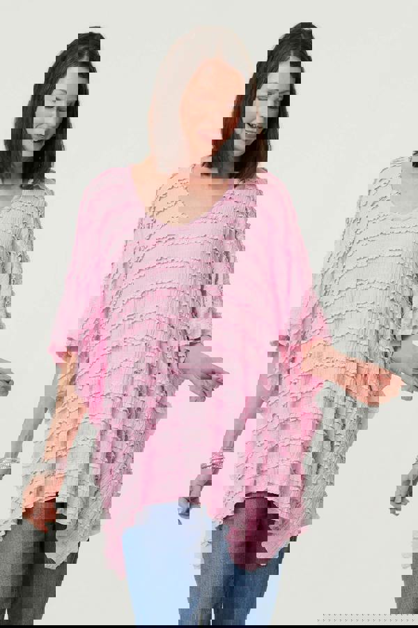 Pink | Textured 3/4 Batwing Sleeve Relaxed Top