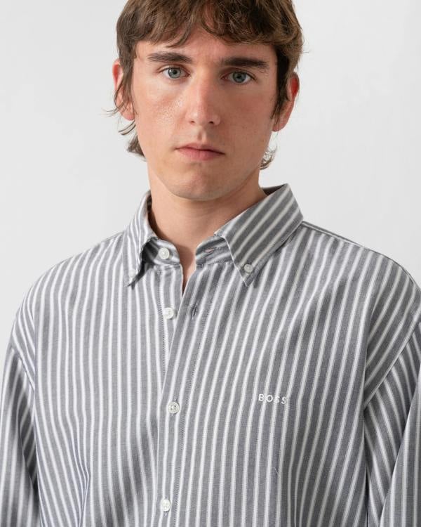 detail of model wearing a BOSS Orange Ricoplus Mens Long Sleeve Oxford Shirt in Dark Blue 404