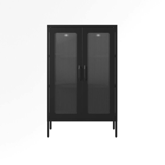 Wyld Haus Barla Black Steel Metal 2 Reeded Glass Door Cabinet