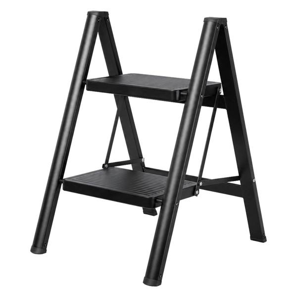 Traderight Small Step Ladder Foldable 150KG Carbon Steel Kitchen Steps Black