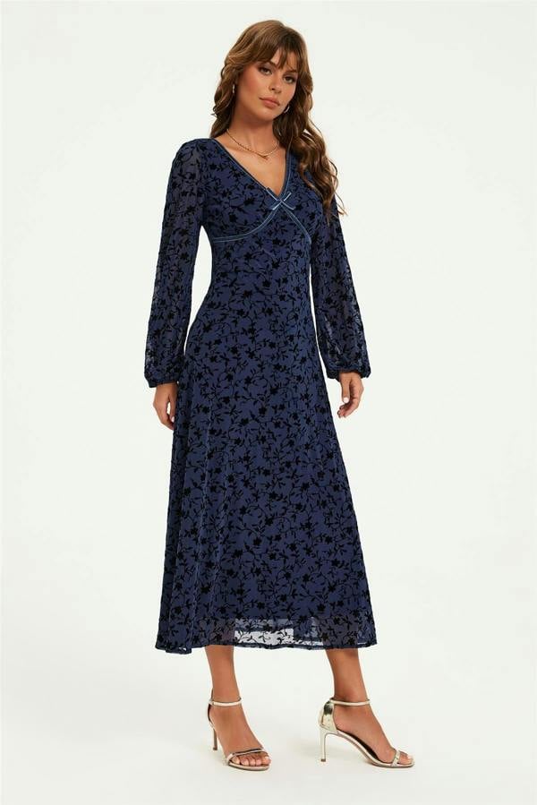 FS Collection Floral Velvet Devore V Neckline Midi Dress In Navy