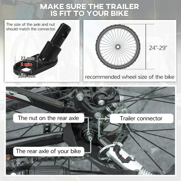 Bike trailer hitch setup area with connector and axle reference for bike fit
