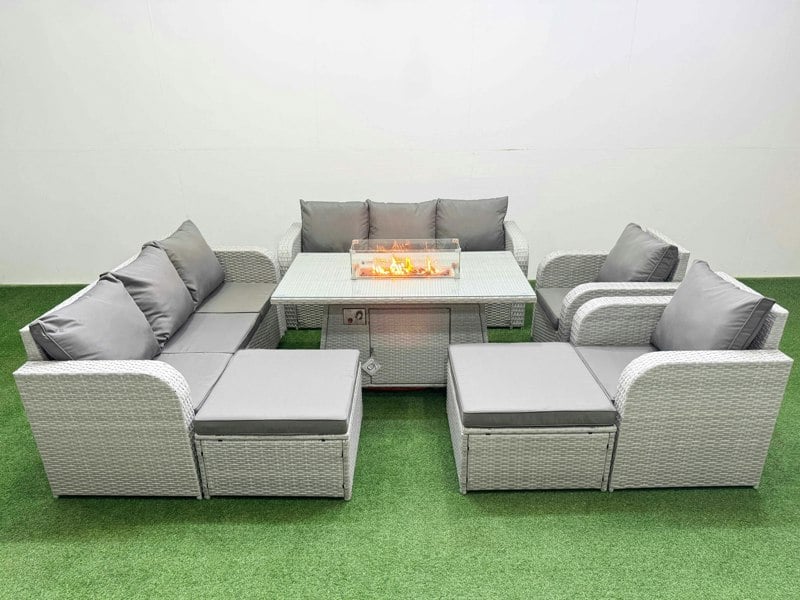 Fimous PE Rattan High Back Lounge Sofa Set Patio Fire Pit Dining Table & Chairs Set with 3 Seater Sofa Reclining Chair 2 Big Footstool Light Grey
