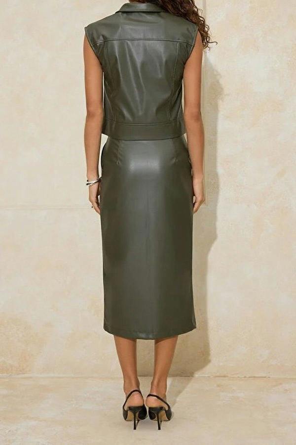 WOVCOR 2-Piece Fleece-Lined Faux Leather Crop Vest and Midi Skirt Woven Top and Bottom Set