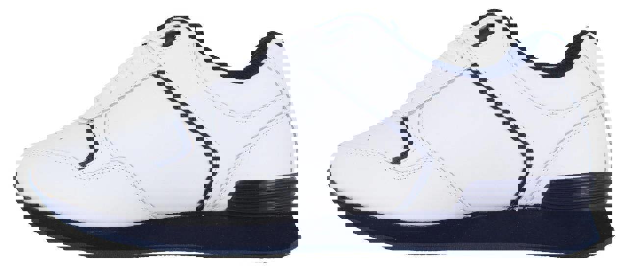 Crown King Mens/Womens Leather Lace Up/Touch Fasten Crown Green Bowls Sports Shoes Trainers, white and navy blue leather athletic shoe featuring lace-up closure and touch fasten strap design.