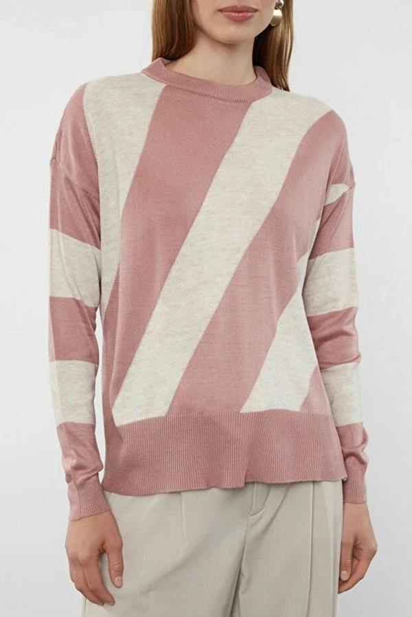 WOVCOR Color Block Crew Neck Knit Sweater