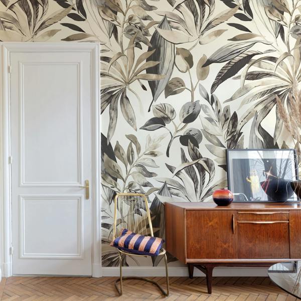 Grandeco Inky Palm Watercolour Jungle Leaves 3 panel repeatable Mural 1.59 x 2.8m