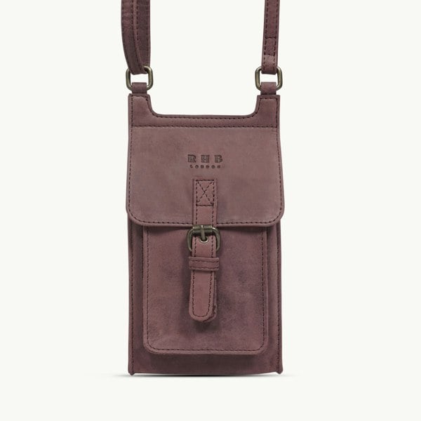 Real Hide Bags 'MYLA' Plum Distressed Real Leather Mobile Phone Crossbody Bag