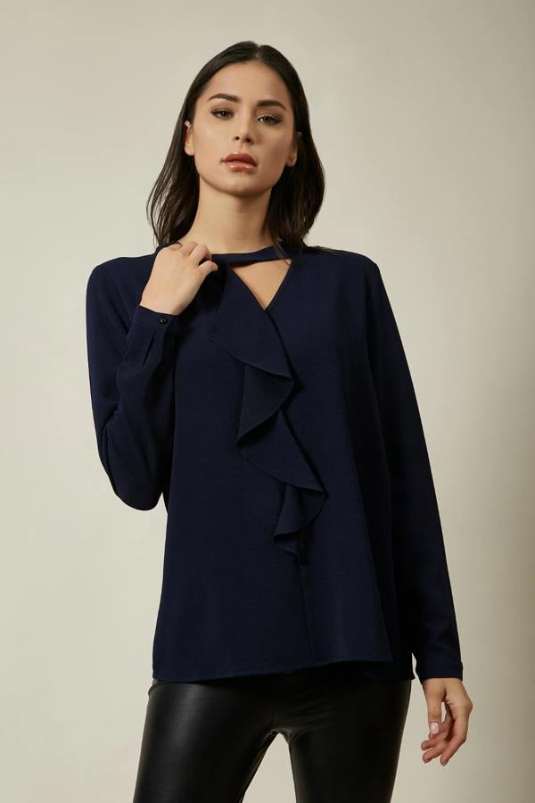 Hoxton Gal Oversized Top Ruffle Front Relaxed Fit Blouse In Navy