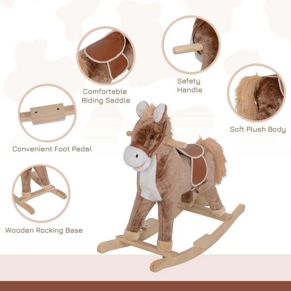 Brown plush rocking horse with padded saddle and wooden rocking base, handle grip