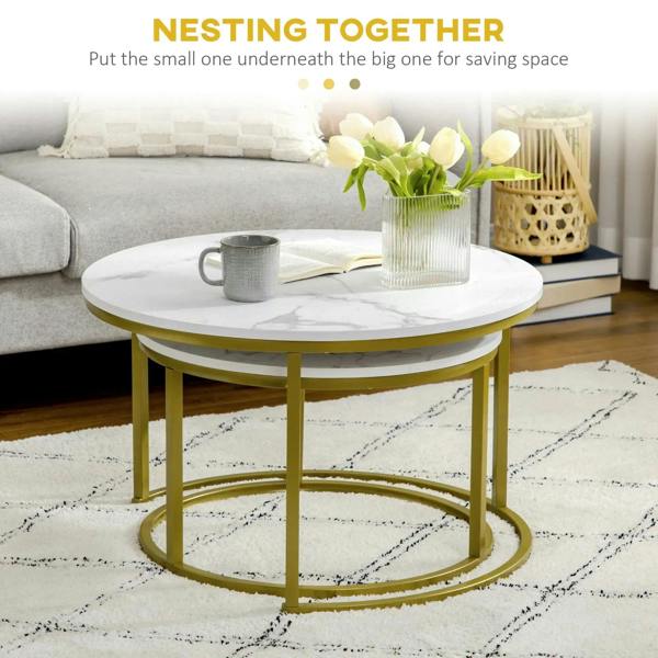 Large round white marble-look nesting coffee table with gold metal frame