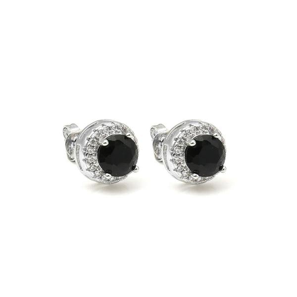 Say It With Black Round Stone Halo Earrings - Silver