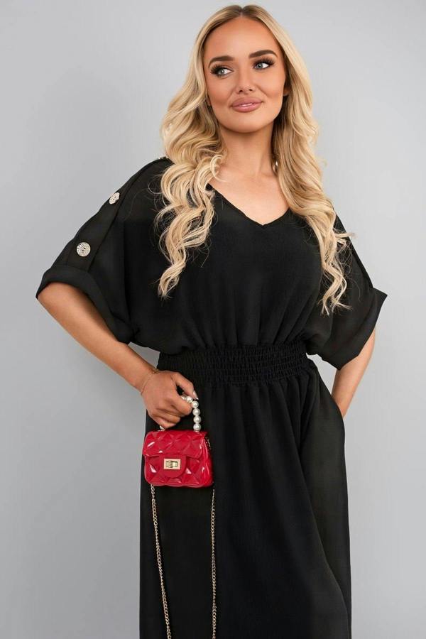 Zamara V Neck Short Sleeve Maxi Dress With Button Detail - Black