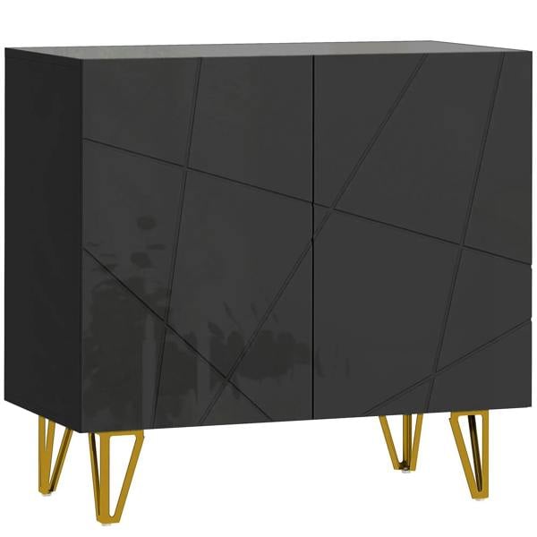 Black high-gloss sideboard with panel doors and gold hairpin legs