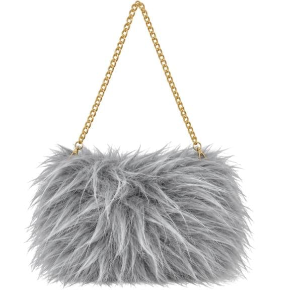 Love EMVY Ladies Fluffy Faux Fur Crossbody Shoulder Bag with Gold Chain Strap - Light Grey