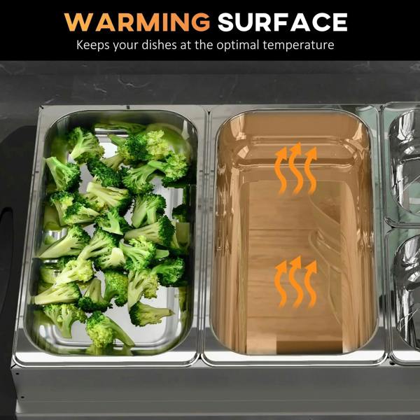 Clear warming pans with heat glow icons, showing broccoli in one tray