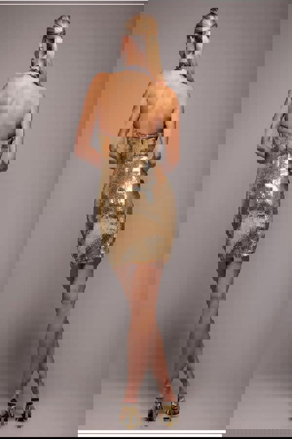 Liquid Sequin Halterneck Mini With Corsage - Gold DR4125