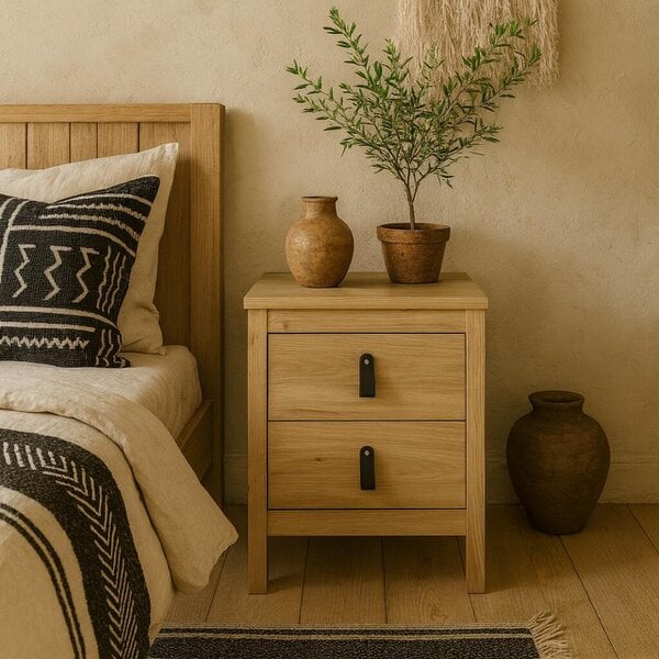 Wyld Haus Wildberry Natural Oak Wood Bedside Table 2 Drawers Leather Handles