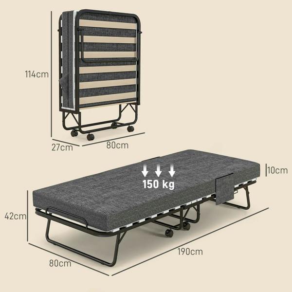 Folding single bed with dark grey mattress, black steel slat base and caster wheel frame