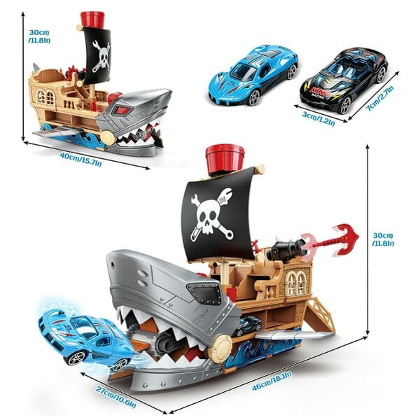 deAO Toys Shark Bite Pirate Ship Toy Set 8 Race Cars, Launch Track GREY Age 3+