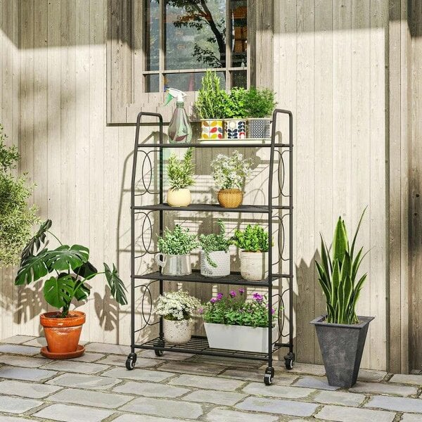 Bobobiy 4-Tier Metal Plant Stand, Heavy Duty Ladder Shelf Potted Plants Display Rack with Lockable Wheels - Black