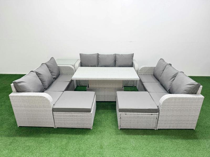 Fimous 11 Seater PE Rattan Garden Furniture Lounge Sofa Patio Set, Adj Height Table, 3 Seater Sofa, 2 Big Footstools, Side Table, Light Grey