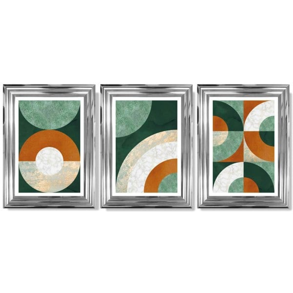 Set of 3 Orange and Green Abstract Framed Art Prints with Glossy Chrome Frames