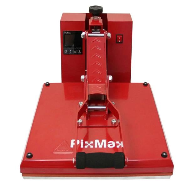 Bright red 38cm clam press with a sturdy handle, digital display, and adjustable pressure for heat transfer projects
